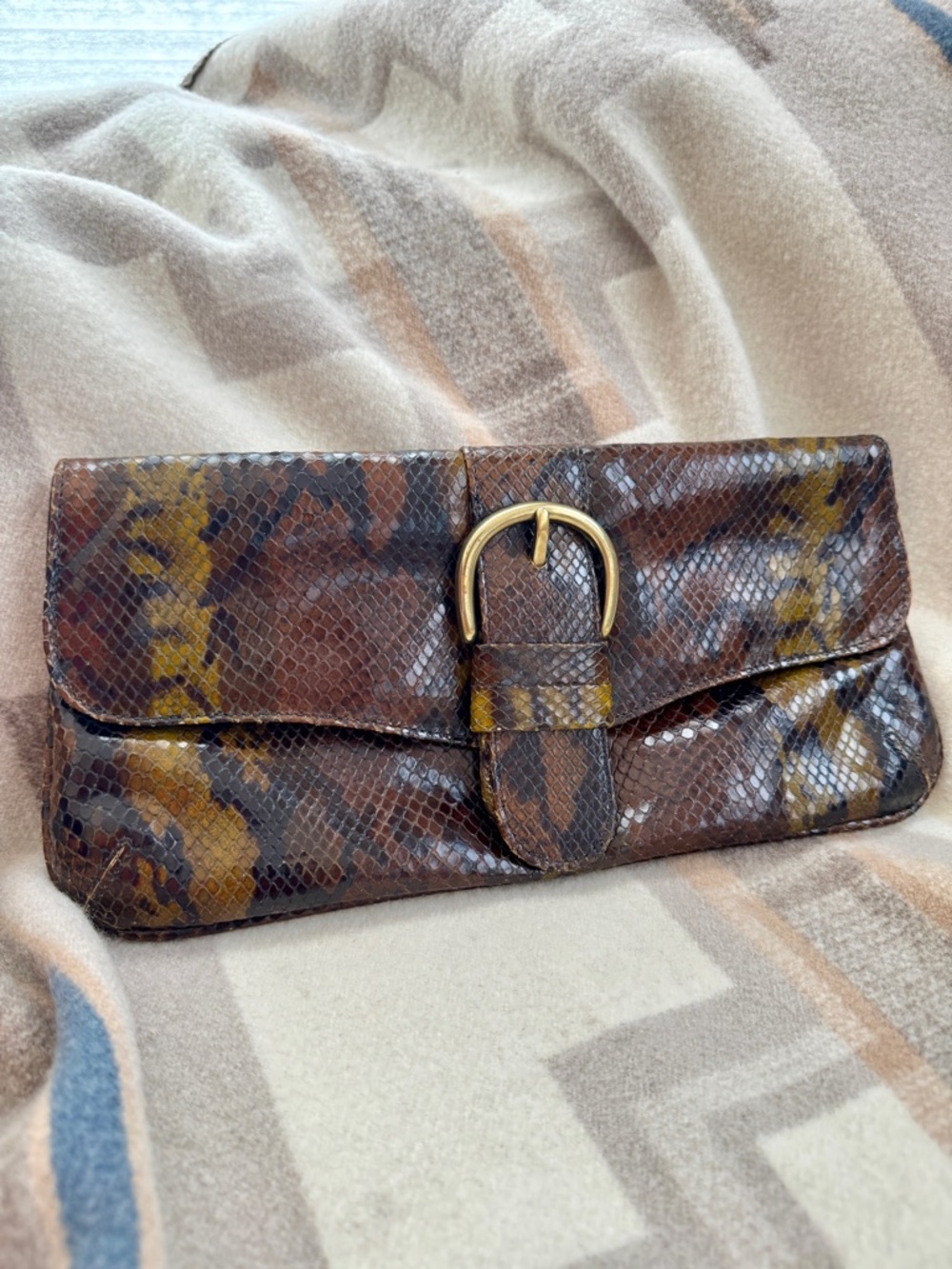 Vintage Co-Lab by Chris Kon Snakeskin-Style Foldover Clutch with Buckle/Magnet